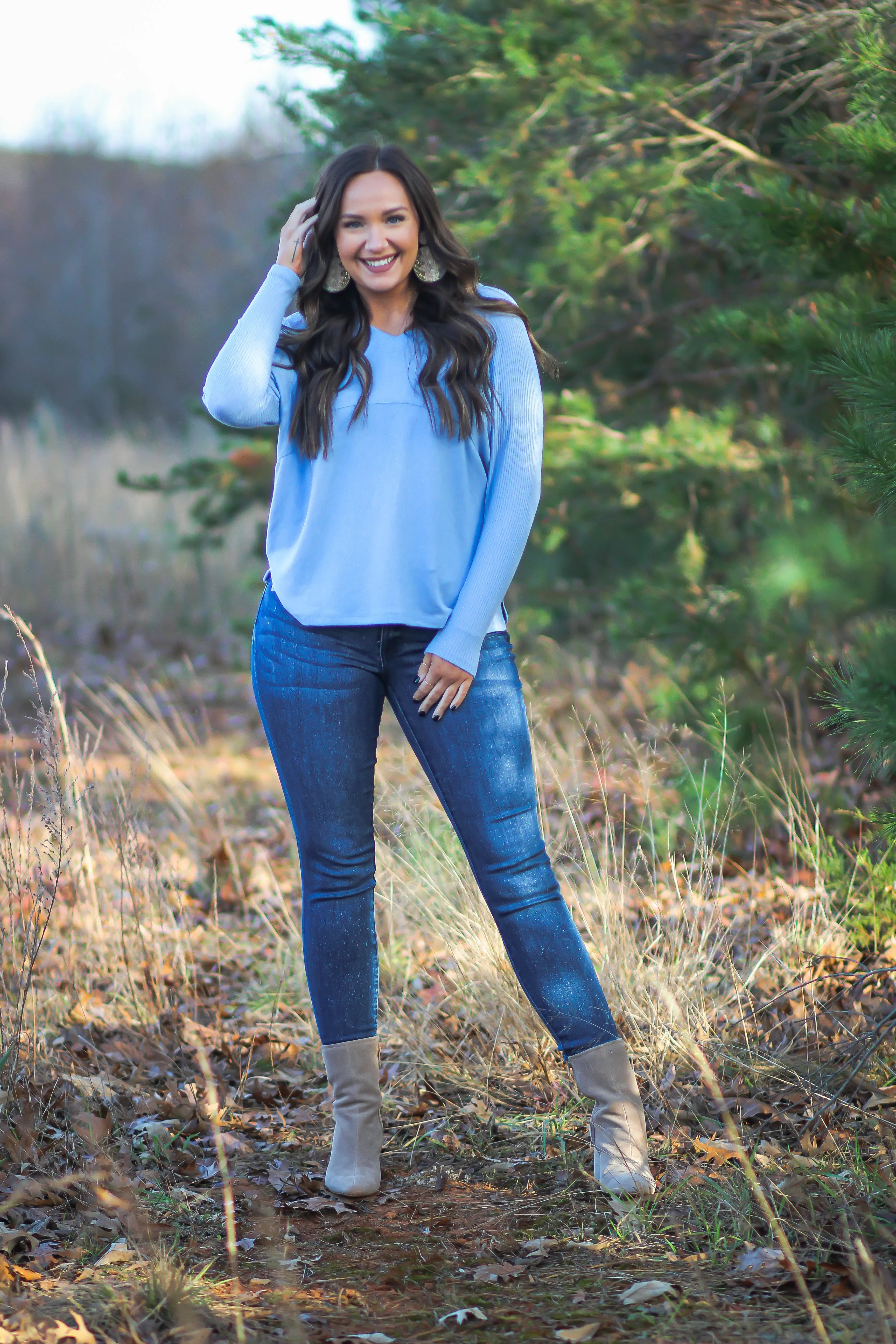 Baby Blue Brushed V Neck Long Sleeve Top