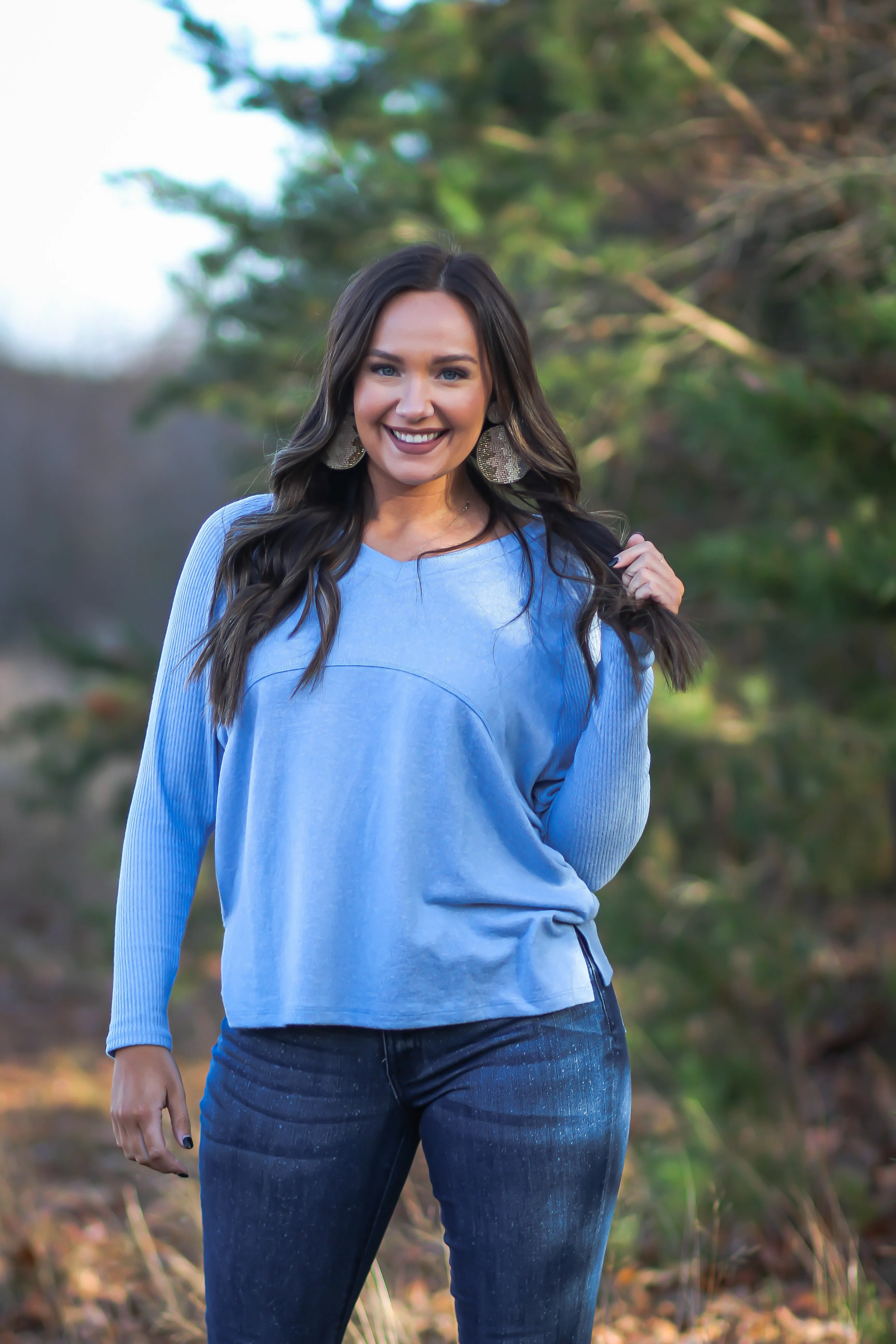 Baby Blue Brushed V Neck Long Sleeve Top