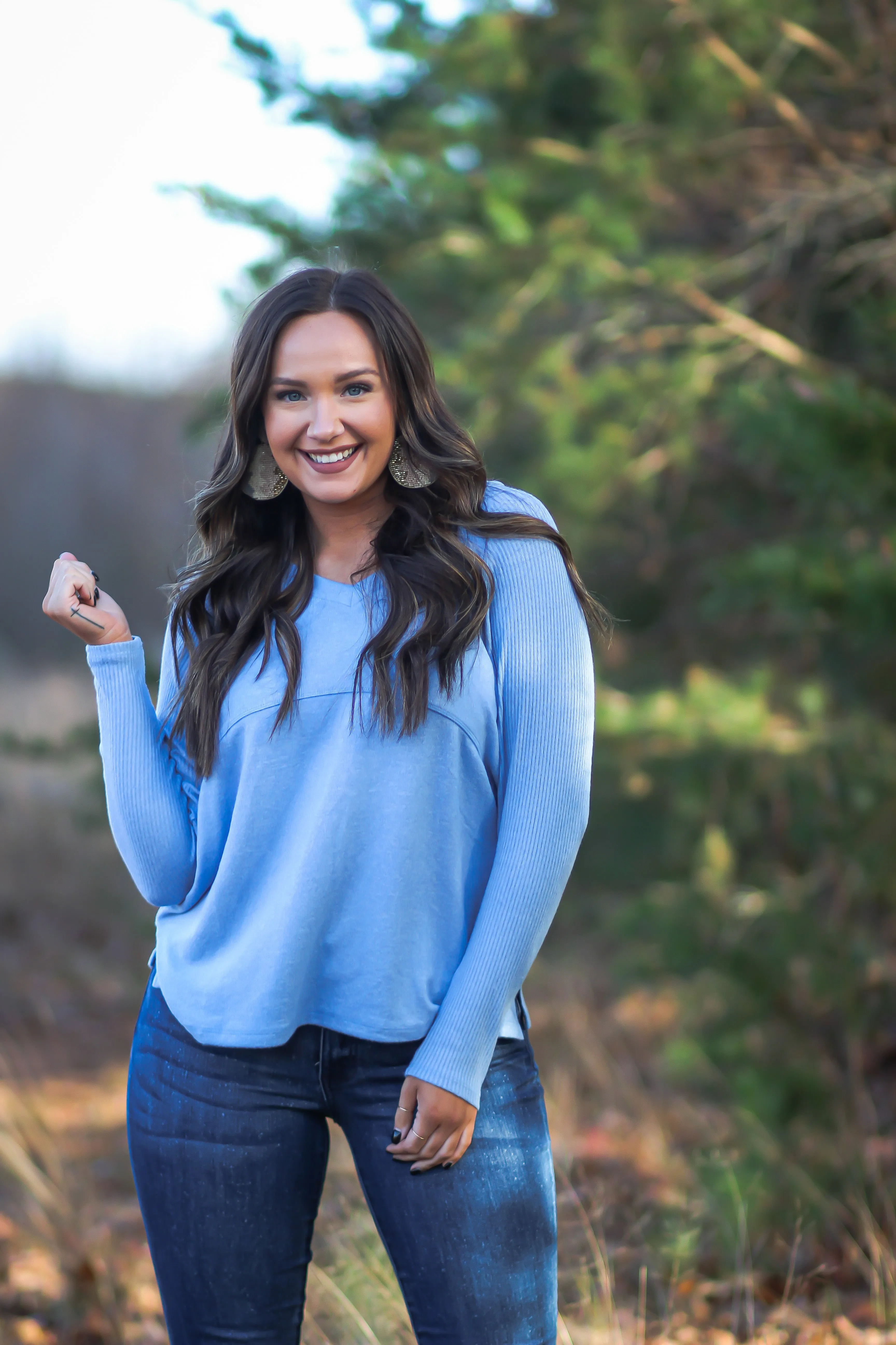Baby Blue Brushed V Neck Long Sleeve Top