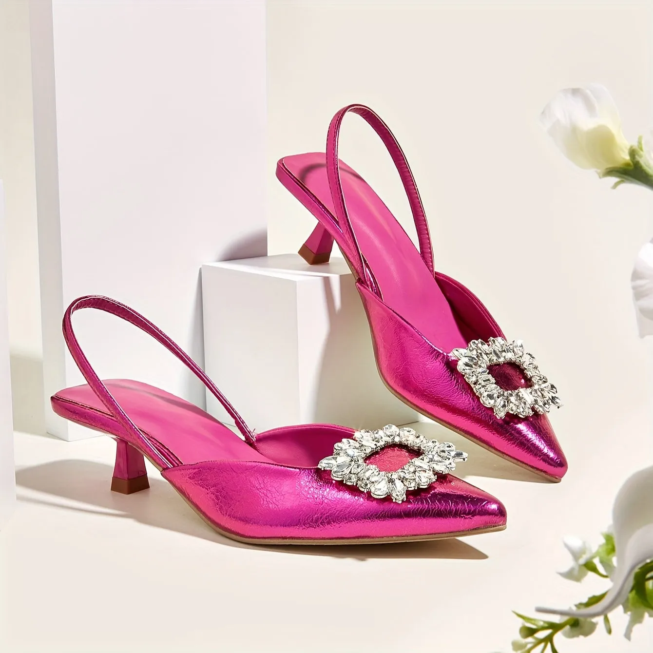 Chic All-Season Pointed-Toe Slingback Heels with Crystal Accents – Comfortable Faux Leather Sandals with Elastic Strap