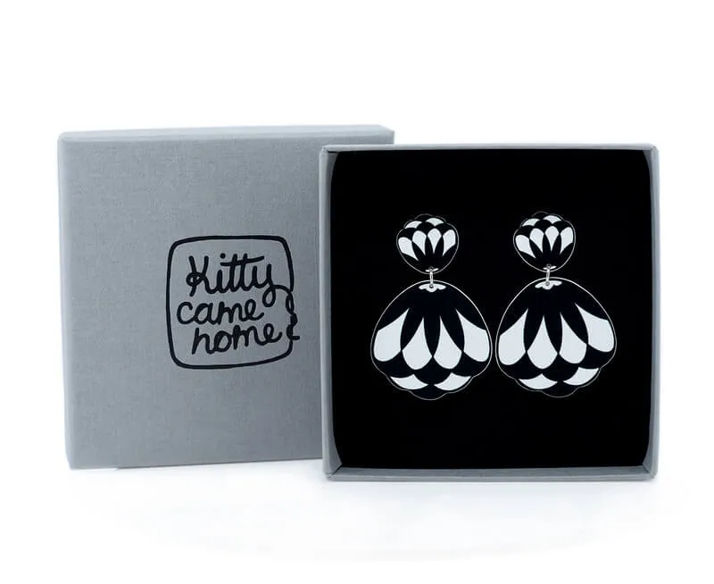Claire Ishino - Monochrome Art Deco Artichoke - double drop stud earrings