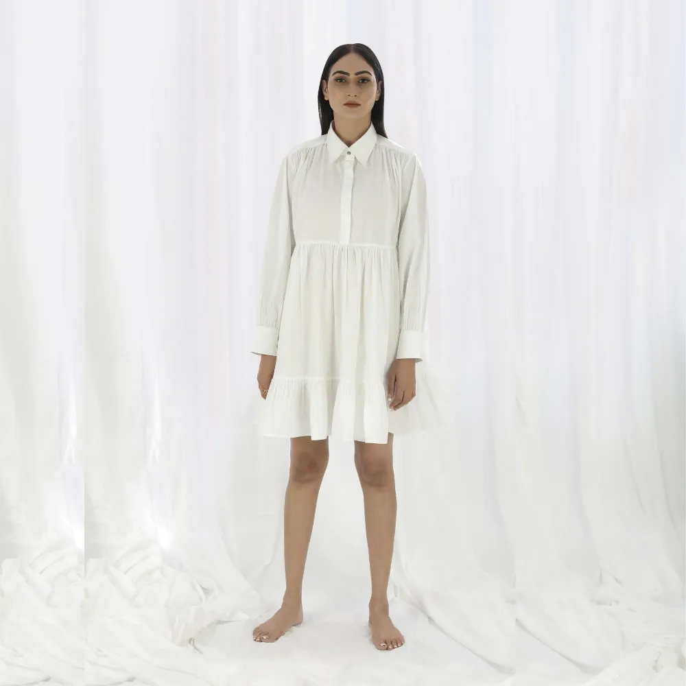 Collared Tier Dress For Women | Bright White Cotton | All Season Day Wear