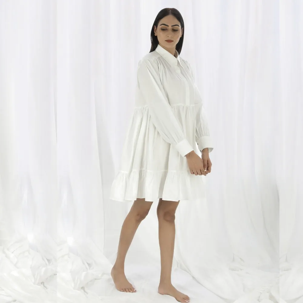 Collared Tier Dress For Women | Bright White Cotton | All Season Day Wear