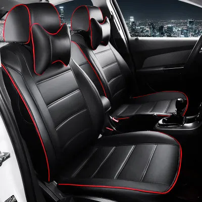 Color: Black with red line - Car Seat Cover All Season Leather