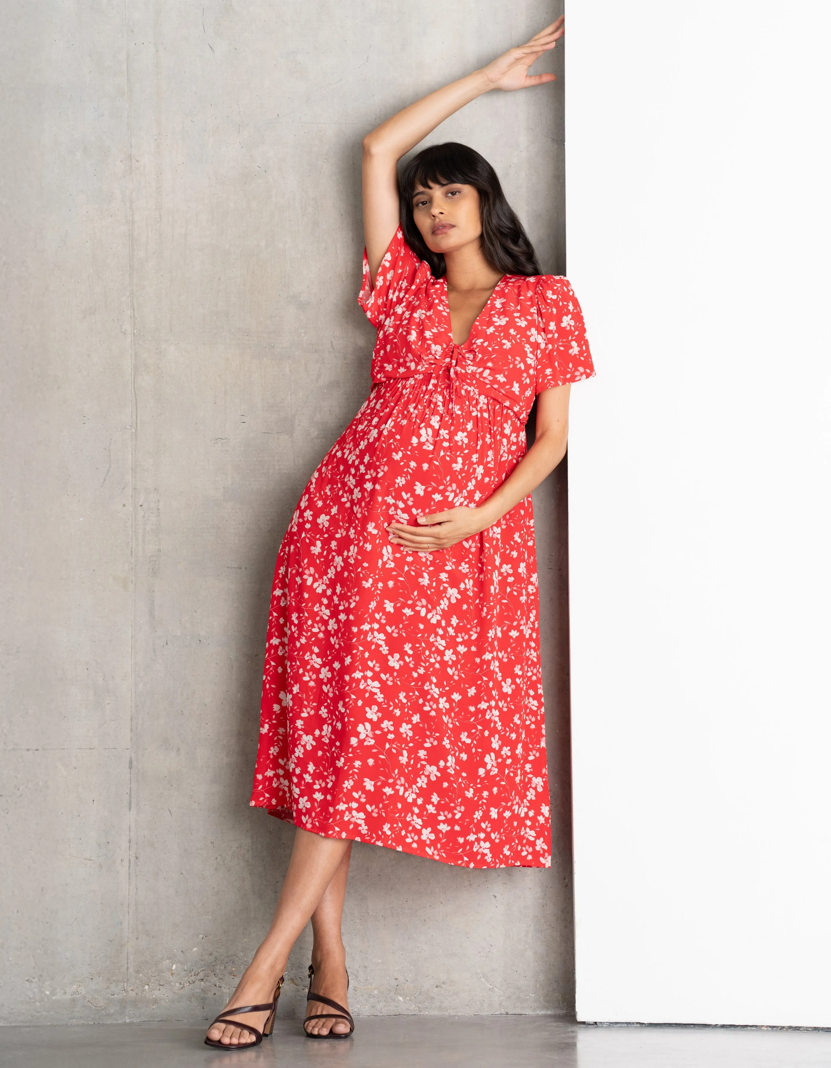 Midi Painted-Petal Maternity   Nursing Tea Dress