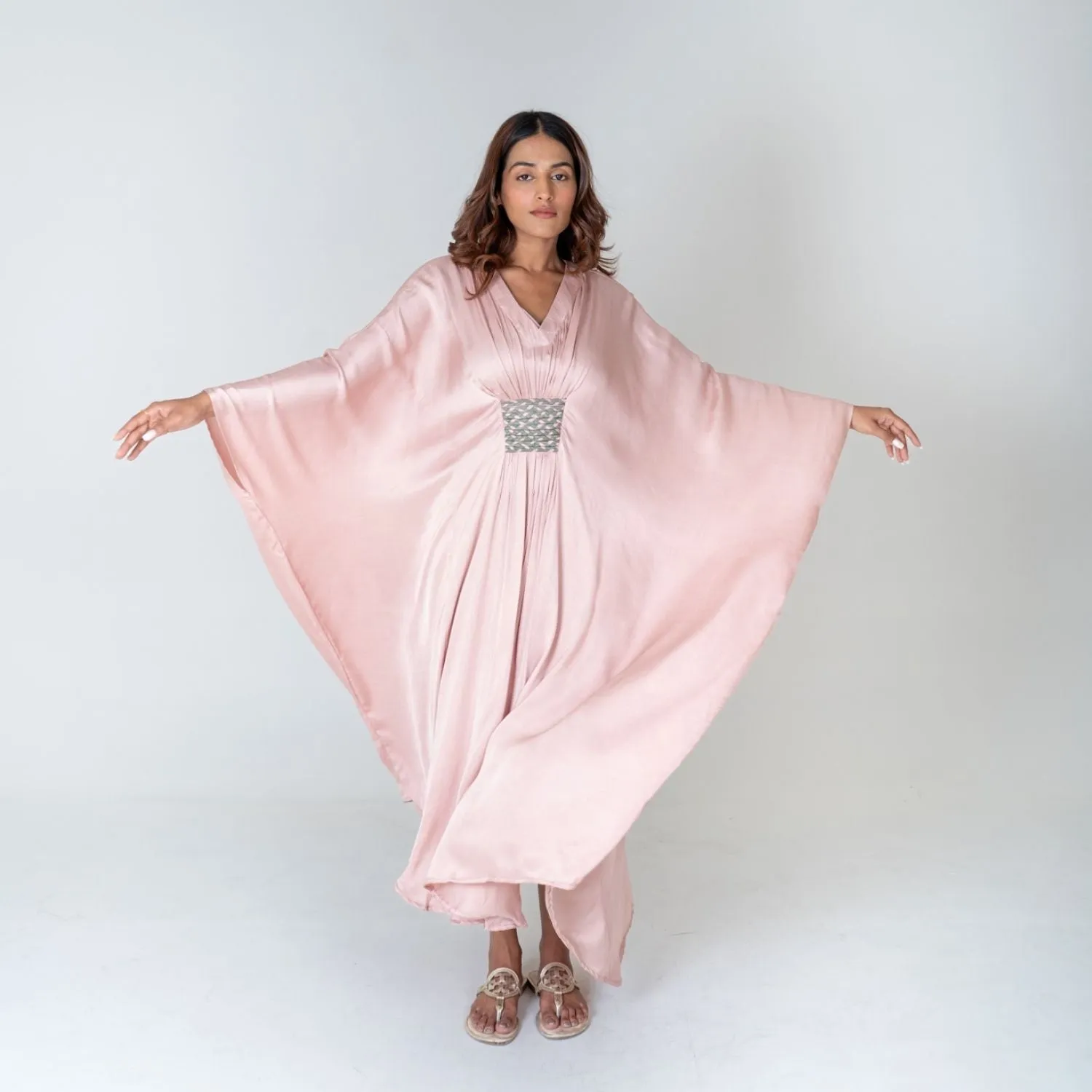 Pink-Green Braided Long Kaftan | Modal | Monochrome Elegance