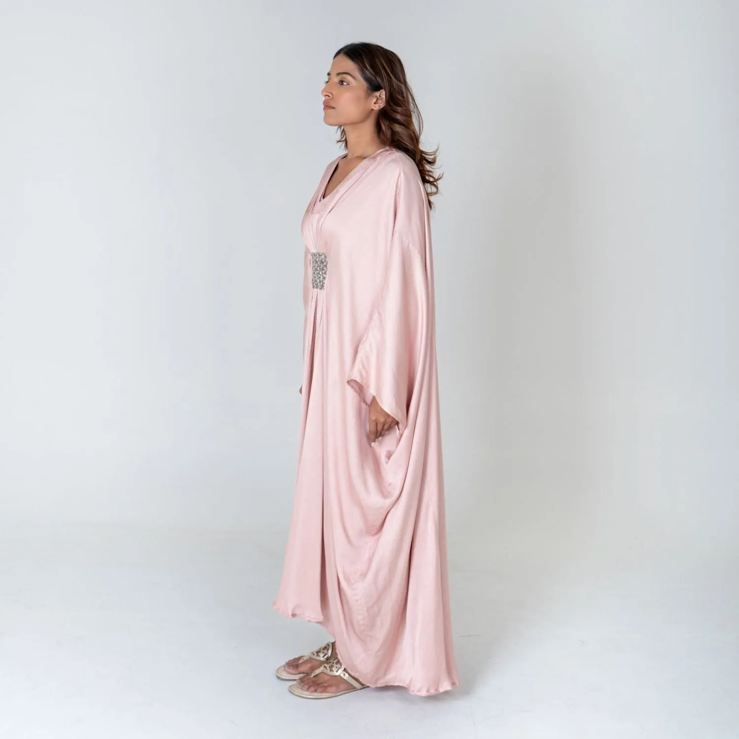 Pink-Green Braided Long Kaftan | Modal | Monochrome Elegance