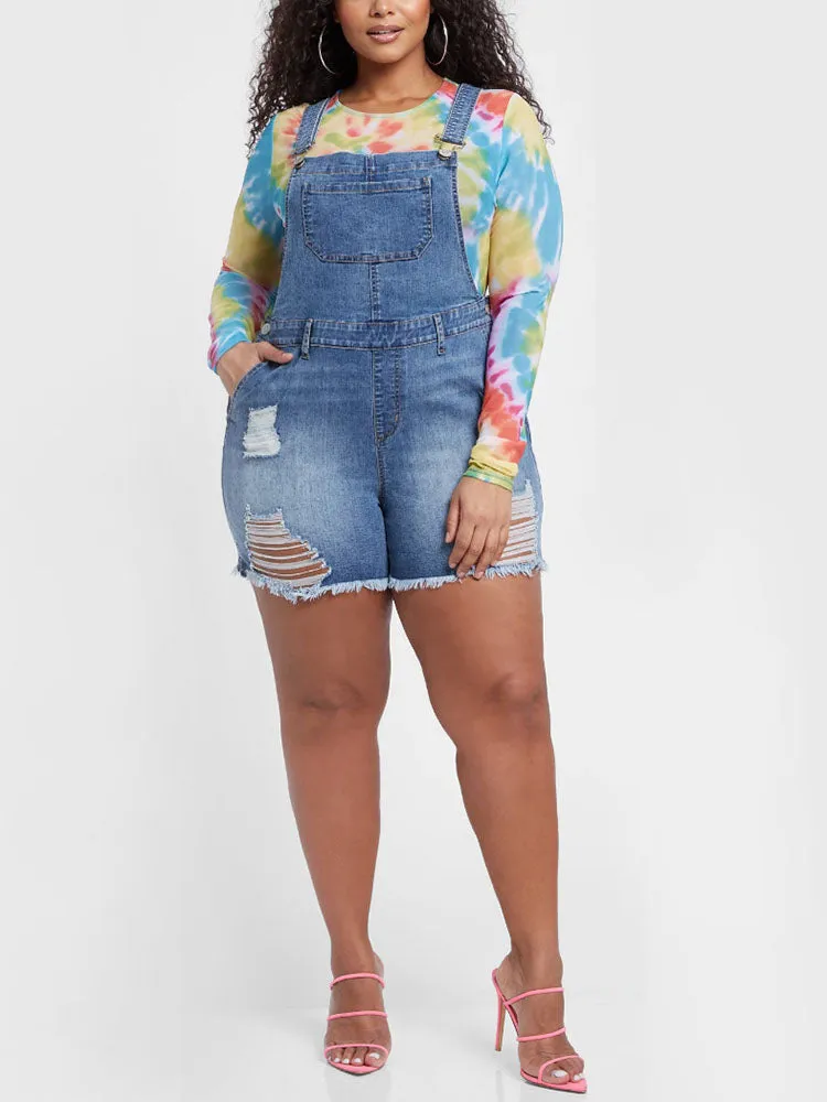Ripped Raw Hem Denim Shortalls