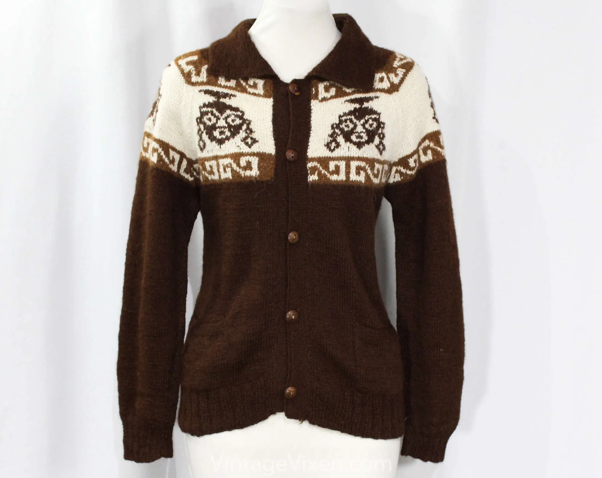Size 6 Alpaca Cardigan - Chocolate Brown Luxury Knit Made in Bolivia - 1960s Button Front Sweater - Artisan Made Leather Buttons - Bust 34